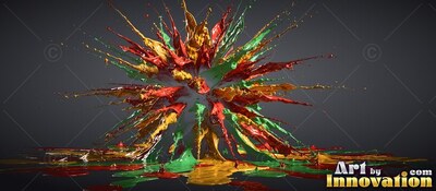 Spiky liquid splashes of red, yellow, and green burst outward across a dark floor