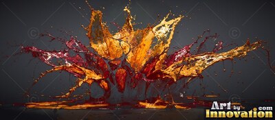 Thick orange liquid splashes upward into flower petals, shining under clear light