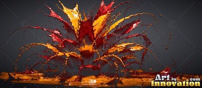 Bursting upward on a dark surface, thick red and yellow paint splashes out