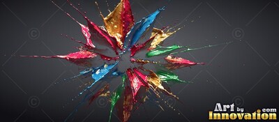 A burst of colorful paint splashes out like a star over dark gray