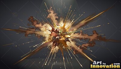 In a dark studio space, gold and brown paint bursts outward from the center