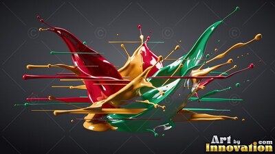 Splashing into the dark air, thick red, yellow and green liquid forms curved crests