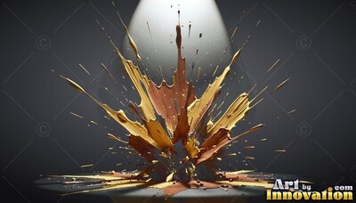 Splatter of brown and yellow paint exploding upward under a spotlight