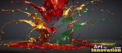 Glossy red, gold, and green paint splashes upward against a background of dark gray