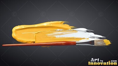 A paintbrush rests beneath thick yellow and white paint strokes on a deep background