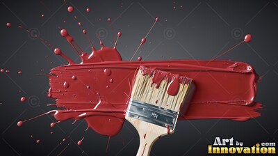 Tilted upward against a black background, a paintbrush rests on wide red paint