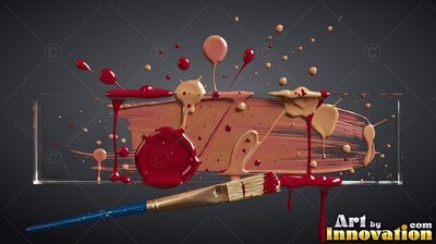 Thick splashes of red and beige paint across clear glass with a brush below