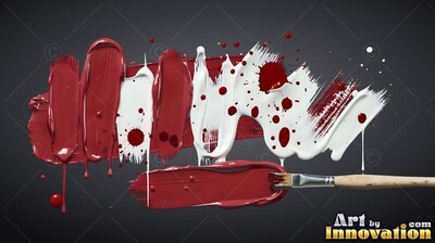 Against a gray background, a paintbrush lies in heavy red and white paint strokes