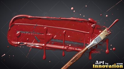 Sweeping across a dark background, thick red paint drips beside a small brush