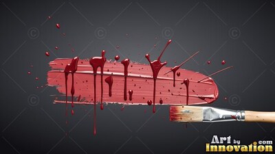 Red paint dripping over a brush stroke on dark gray