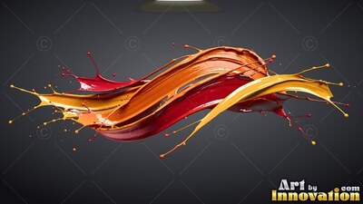Splashes of glossy red and orange liquid paint twist on a dark gray backdrop