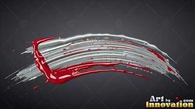 Arced horizontally across a dark gray space, silver and red paint strokes sweep together