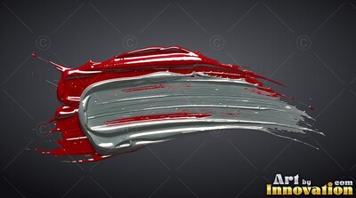 Thick silver paint smeared across a wet red brushstroke over dark gray