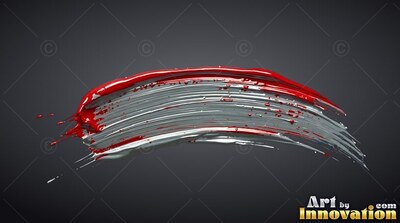 Against a dark gray backdrop, broad red and white paint sweeps across