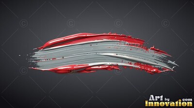 Sweeping across a dark gray backdrop, a thick brushstroke of red and white paint