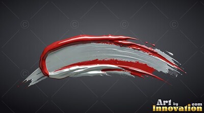 Curved red and silver paint stroke on a deep gray background