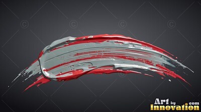 Dense red and gray paint curves across a smooth background of dark gray in soft light