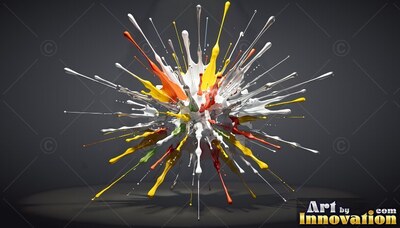 Glossy paint explodes outward into spikes of white, yellow, and orange droplets