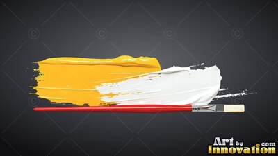 Lying flat against a dark surface, a red paintbrush rests below yellow paint
