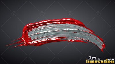 On dark gray, a wide red and silver paint stroke sweeps across the center