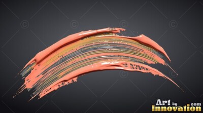 Thick peach borders frame a curved sweep of striped paint over dark gray