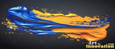 Thick blue and yellow paint strokes across a dark background with glossy highlights
