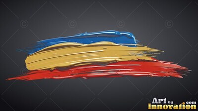 Stretched across deep gray, thick strokes of blue, yellow and scarlet paint sweep right