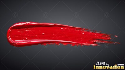 A thick smear of glossy crimson paint stretches across a dark gray background