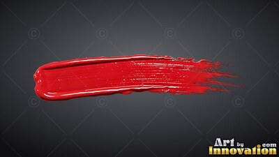 A single stroke of broad red wet paint arcs across a deep gray background