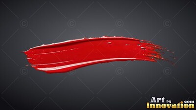 Against a background of dark gray, a thick stroke of crimson paint sweeps across the center