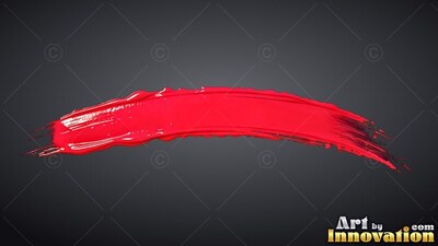 A red brush stroke curves across dark gray, shining with wet highlights