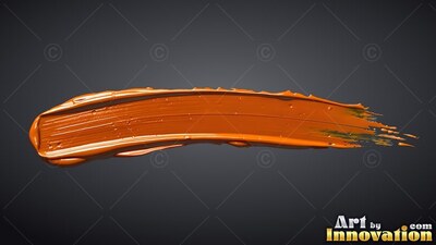 Curved horizontally across gray space, a thick orange paint stroke