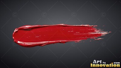 Sweeping across a shadowed background, a thick smear of glossy red wet paint tapers to dry bristles