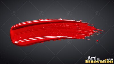 Curving horizontally over a dark gray backdrop, a thick crimson paint stroke sweeps right