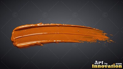 A thick smear of glossy orange paint sweeps across a dark gray background