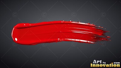 Over a deep gray background, a single streak of glossy scarlet paint curves horizontally