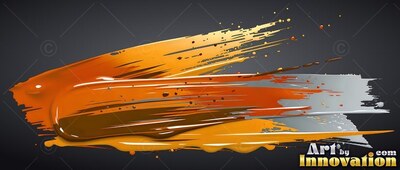 Thick orange and silver brushstrokes sweep over a dark gray surface