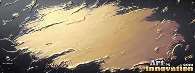 Thick gold paint smears across a black surface, catching pale overhead light