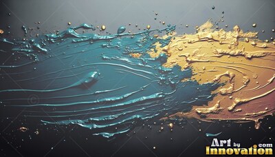 Thick teal and gold paint smeared across a dark surface with small splatters