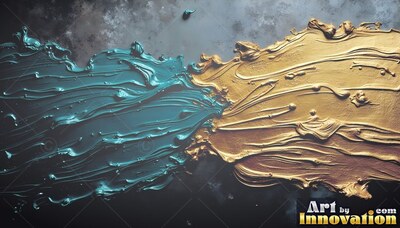On a dark slate surface, thick teal and yellow-gold paint streaks meet in the center