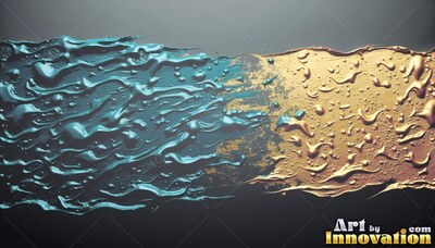 Flowing horizontally, thick teal and gold paint streaks blend across a dark backdrop