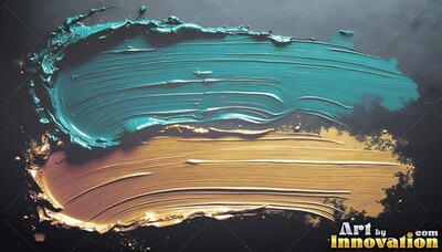 Thick teal and golden paint strokes spread across black