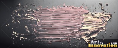 A thick stroke of pale pink paint smears along dark glass, catching soft highlights