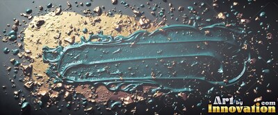 Spreading flat across a dark surface, thick teal paint over rough gold paste