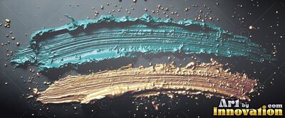 Thick teal and gold paint brushed across a dark backdrop with small paint splatters