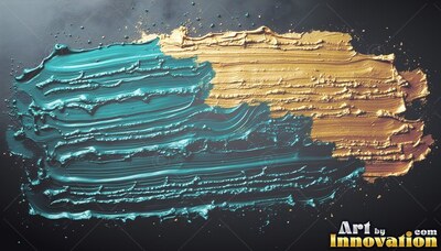 On a dark surface, thick teal and yellow-gold paint spreads out in rough ridges