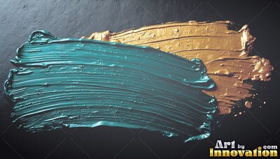 Sweeping across a black surface, thick teal paint overlaps a streak of gilded paint