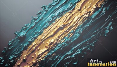 Thick streaks of gold and teal paint smeared over dark slate