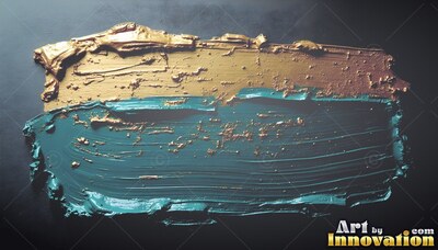 Thick ridges of gold paint smear across deep teal paint on a black wall