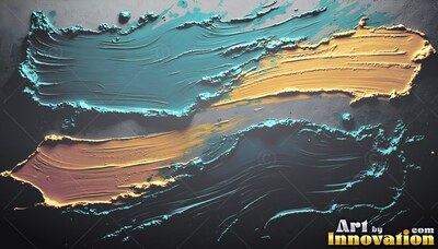 Thick teal and yellow paint strokes across a dark surface, casting small ridges of shadow
